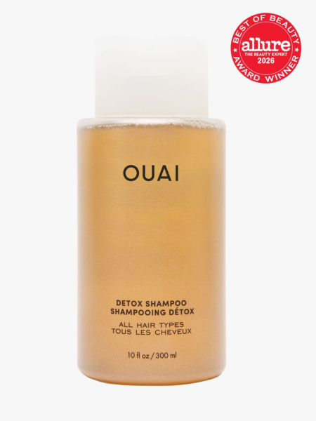 Ouai Detox Shampoo in branded bottle component on a light gray background with the 2026 best of beauty seal in the top right corner