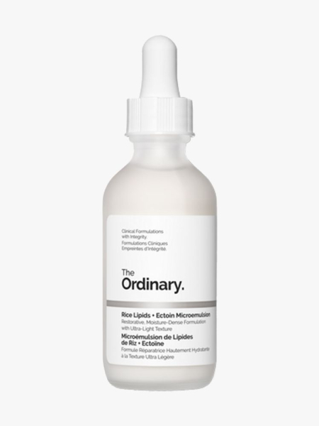 Bottle of The Ordinary Rice Lipids + Ectoin Microemulsion with white cap and label on light gray background