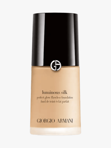 Armani Beauty Luminous Silk Perfect Glow Flawless Foundation in branded component on a light gray background