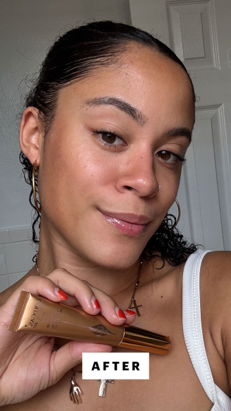Hailey Roy after applying Charlotte Tilbury Beauty Light Wand Highlighter