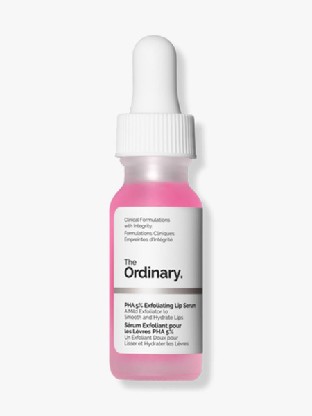 Clear bottle of The Ordinary PHA 5% Exfoliating Lip Serum with white cap on light gray background