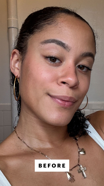 Hailey Roy before applying Charlotte Tilbury Beauty Light Wand Highlighter