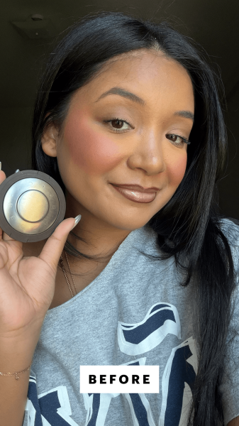 Richards before applying the Smashbox x Becca Shimmering Skin Perfector Pressed Highlighter