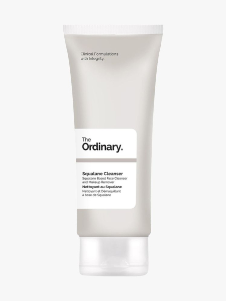 The Ordinary Squalane Cleanser light gray and white tube on light gray background