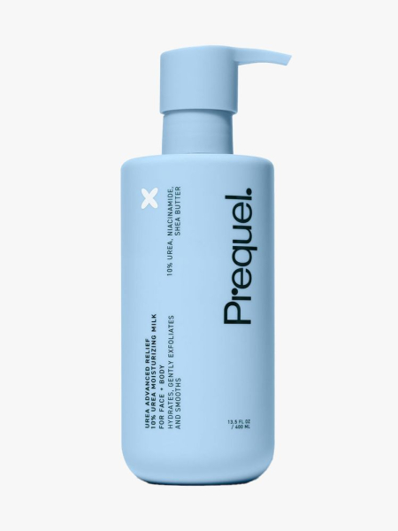 Baby blue pump bottle bottle of Prequel Urea Advanced Relief Lotion on light gray background
