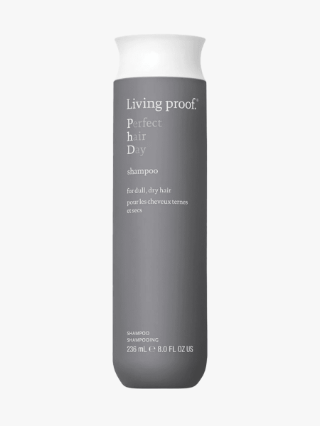 Living Proof Perfect Hair Day Shampoo in branded component on a light gray background