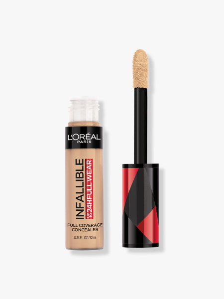 Tube of L’Oréal Paris Infallible Full Wear Waterproof Concealer on light gray background