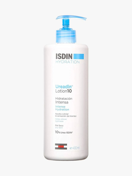 White bottle of Isdin Uradin Lotion 10 Hydrating Body Lotion for Dry Skin  with blue pump on light gray background