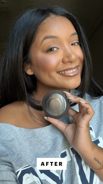 Richards after applying the Smashbox x Becca Shimmering Skin Perfector Pressed Highlighter